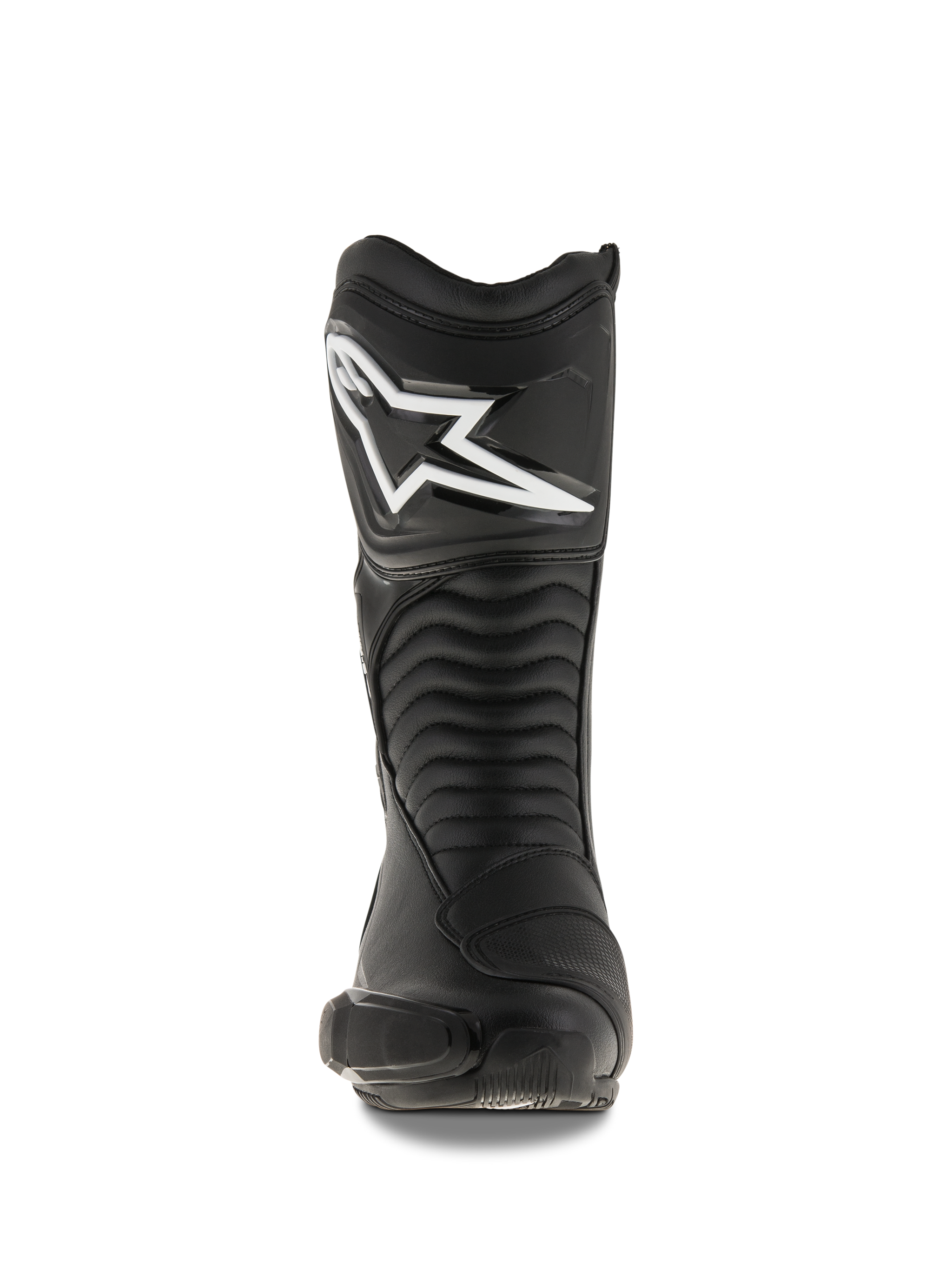 Alpinestars SMX S Boots, Black motorcycle boots, front-facing view showing the large white Alpinestars logo on the shin plate, accordion-style flex panels, and durable microfiber construction with protective PU shields