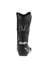 Alpinestars SMX S Boots, Black, rear view, featuring reinforced heel counter with white logo, silver branding, and accordion flex panels for increased mobility and protection