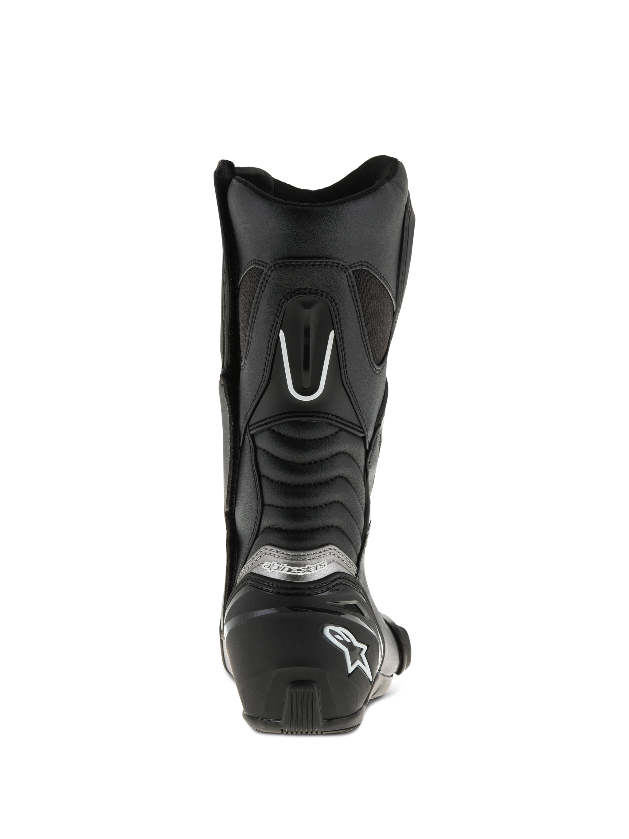 Alpinestars SMX S Boots, Black, rear view, featuring reinforced heel counter with white logo, silver branding, and accordion flex panels for increased mobility and protection