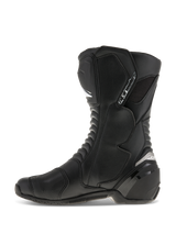Alpinestars SMX S Boots, Motorcycle Riding Boots, Black on Black, side profile view, featuring durable microfiber upper, PU shin and heel protectors, ergonomic design for sport and road riding