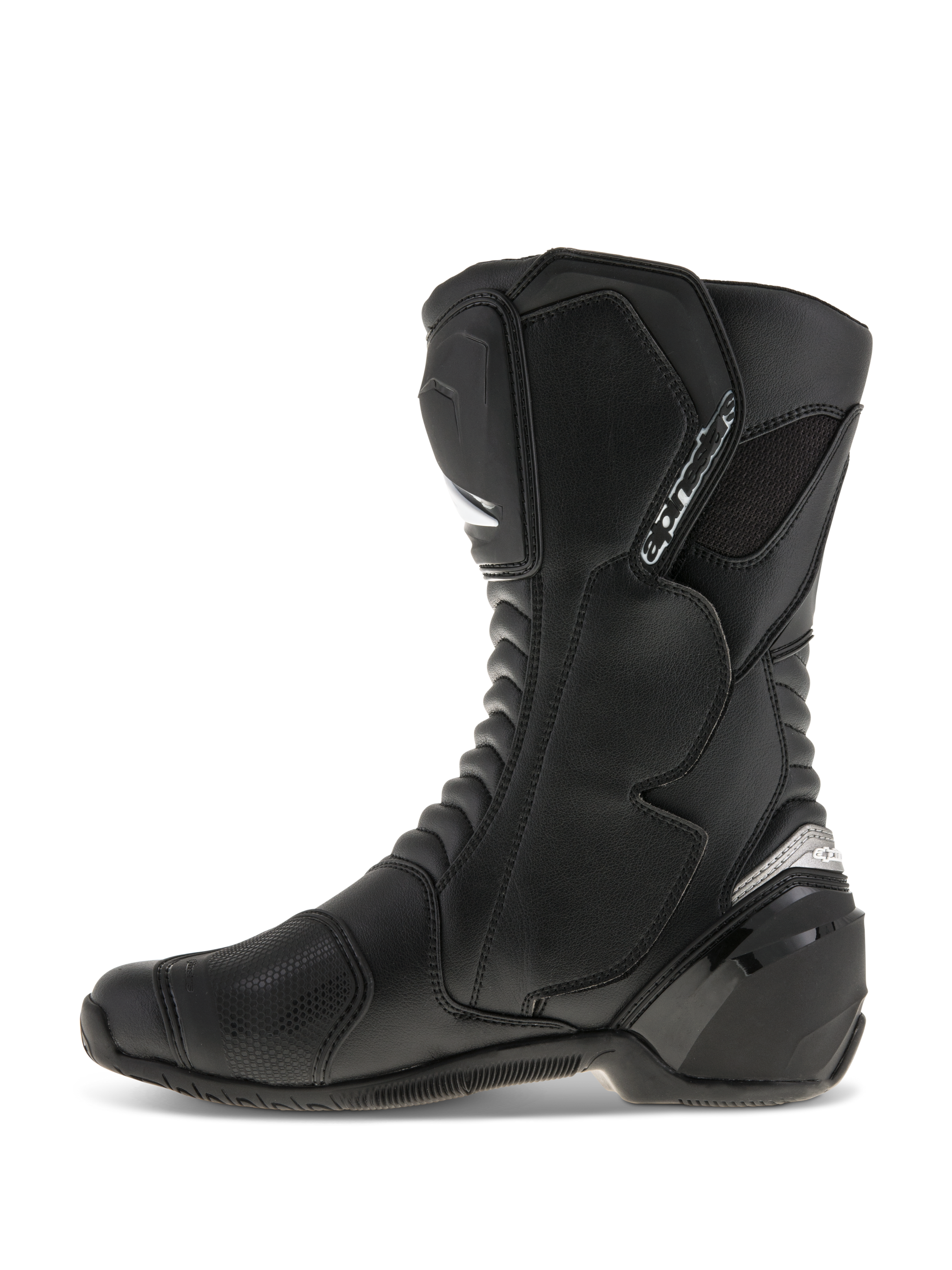 Alpinestars SMX S Boots, Motorcycle Riding Boots, Black on Black, side profile view, featuring durable microfiber upper, PU shin and heel protectors, ergonomic design for sport and road riding