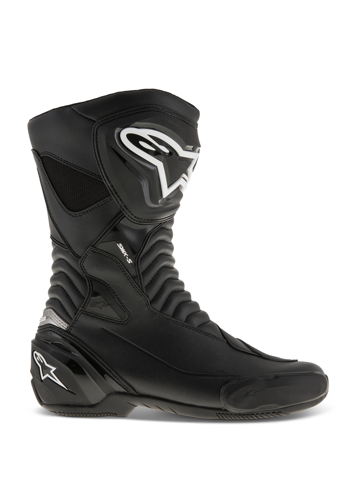 Alpinestars SMX S Boots, Motorcycle Racing Boots, Black with White logos, side profile view featuring durable microfiber construction, reinforced shin and heel protection, flexible accordion flex zones, and a sleek aerodynamic design for sport riding.