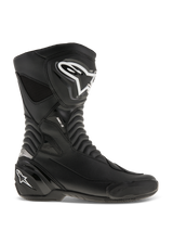 Alpinestars SMX S Boots, Motorcycle Racing Boots, Black with White logos, side profile view featuring durable microfiber construction, reinforced shin and heel protection, flexible accordion flex zones, and a sleek aerodynamic design for sport riding.