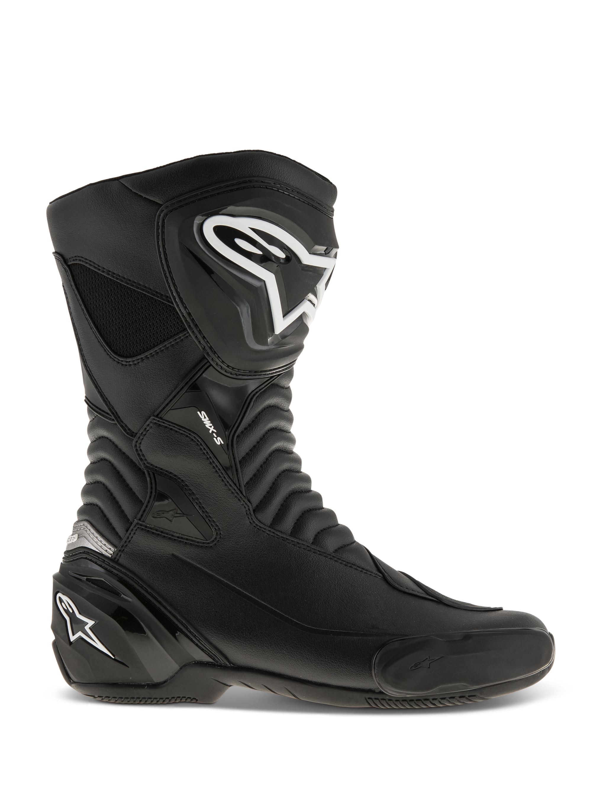 Alpinestars SMX S Boots, Motorcycle Racing Boots, Black with White logos, side profile view featuring durable microfiber construction, reinforced shin and heel protection, flexible accordion flex zones, and a sleek aerodynamic design for sport riding.