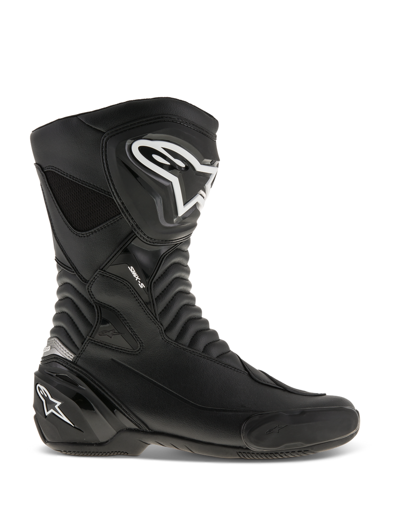 Alpinestars SMX S Boots, Motorcycle Racing Boots, Black with White logos, side profile view featuring durable microfiber construction, reinforced shin and heel protection, flexible accordion flex zones, and a sleek aerodynamic design for sport riding.
