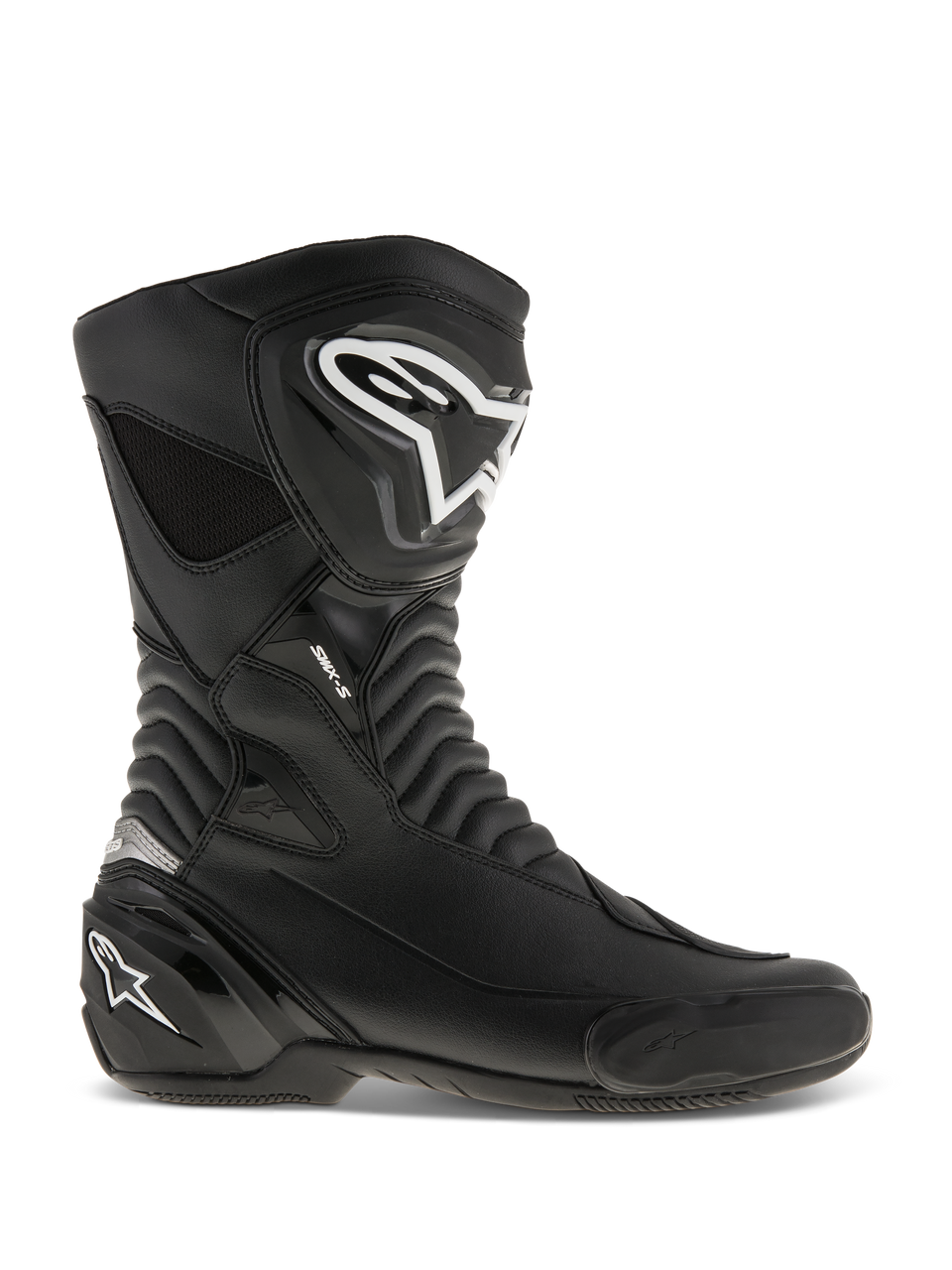 Alpinestars SMX S Boots, Motorcycle Racing Boots, Black with White logos, side profile view featuring durable microfiber construction, reinforced shin and heel protection, flexible accordion flex zones, and a sleek aerodynamic design for sport riding.