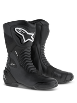 Alpinestars SMX S Boots, Sport Motorcycle Riding Boots, Black and White, tall boot design featuring large white logos, reinforced protective shields on the shin and heel, and flexible accordion panels for racing and road performance.