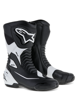 Alpinestars SMX S Boots, Sport Motorcycle Boots, Black and White, featuring a durable microfiber upper with PU shin and heel shields, accordion flex panels, and prominent Alpinestars branding, performance road riding footwear.
