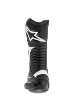 Alpinestars SMX S Boots, Motorcycle Boots, Black and White, front view featuring a large white Alpinestars logo on the shin, accordion flex panels, and durable microfiber construction with protective PU shields