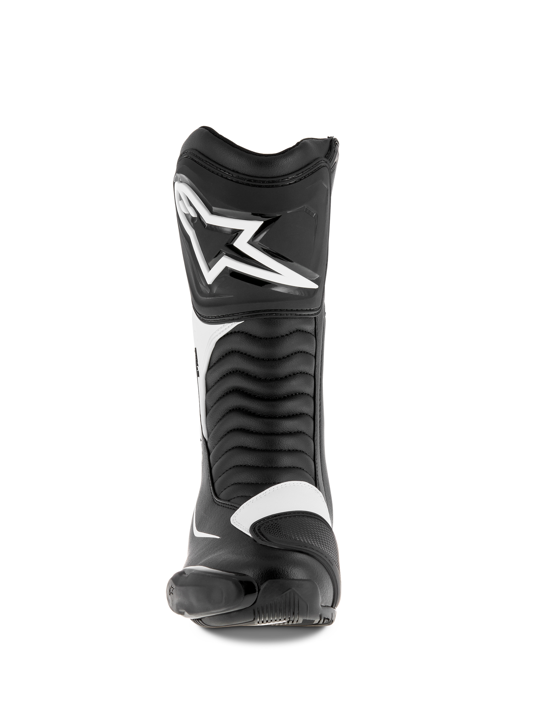 Alpinestars SMX S Boots, Motorcycle Boots, Black and White, front view featuring a large white Alpinestars logo on the shin, accordion flex panels, and durable microfiber construction with protective PU shields