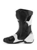 Alpinestars SMX S Boots, sport road motorcycle boots, Black and White, side profile showing durable microfiber upper with reinforced shin, ankle, and heel protectors, white accent panels, and accordion flex zones.