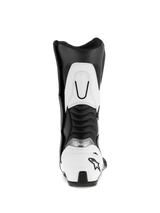 Alpinestars SMX S Boots, Black and White, rear view showing white heel counter with black star logo, ribbed accordion flex panels, and white upper calf reinforcement, durable microfiber sport motorcycle boots