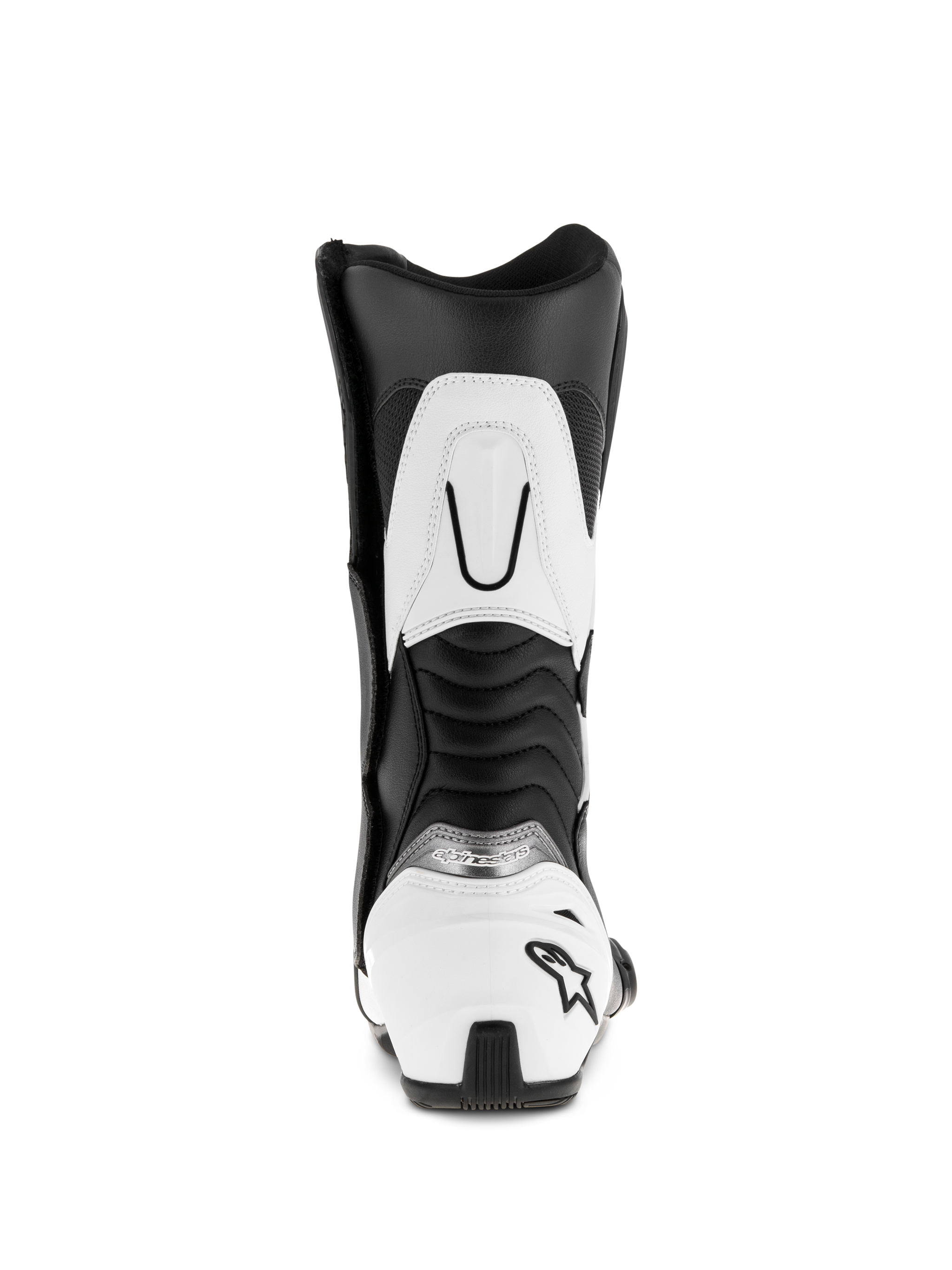 Alpinestars SMX S Boots, Black and White, rear view showing white heel counter with black star logo, ribbed accordion flex panels, and white upper calf reinforcement, durable microfiber sport motorcycle boots