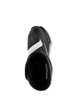 Alpinestars SMX S Boots, Black and White, top-down view showing the interior and the toe gear shifter pad, durable microfiber construction, sport motorcycle footwear