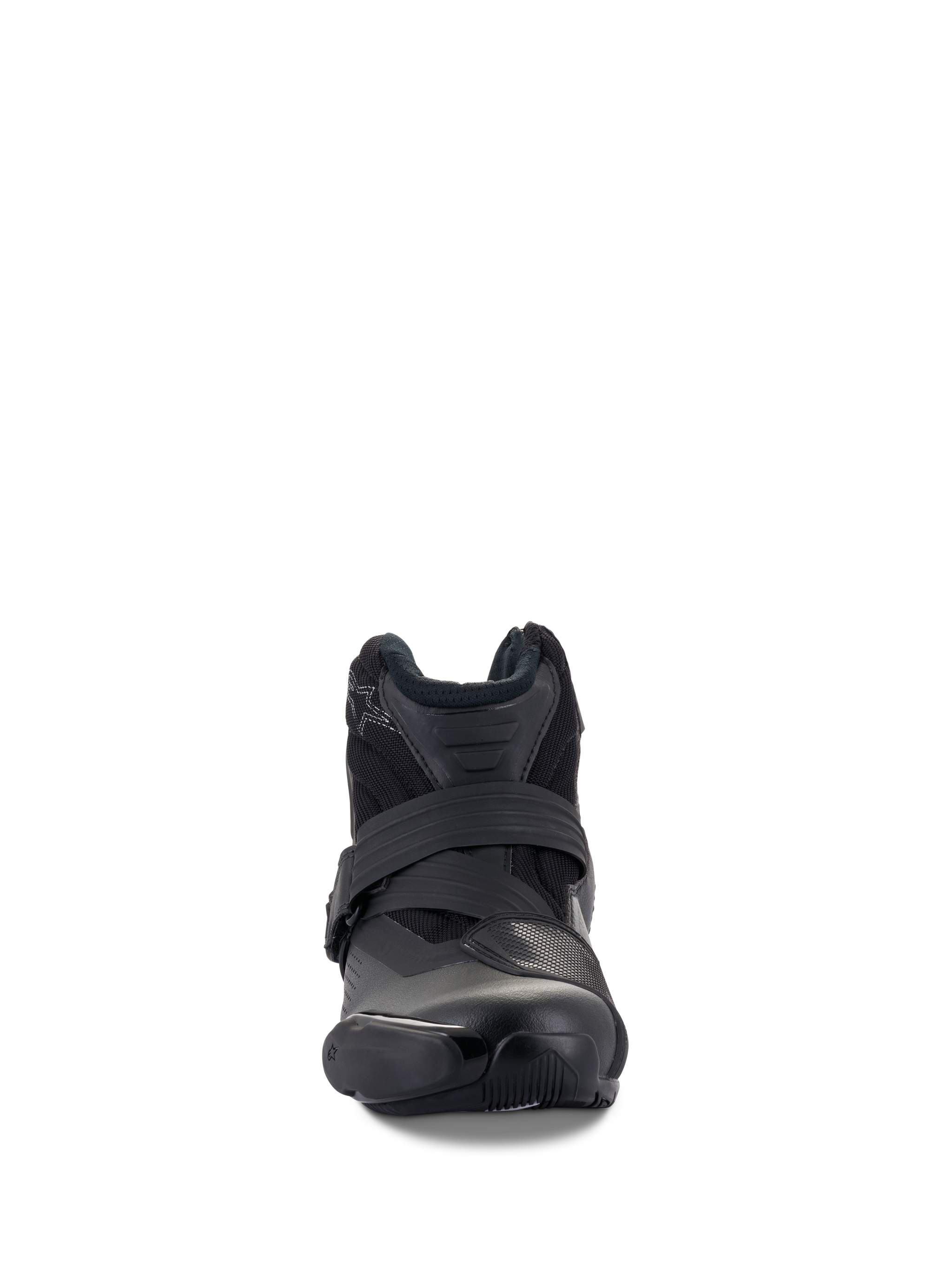 Alpinestars SMX-1 R V2 Vented Boots, Black, low-cut performance riding shoe, front-on view showing strap closure and TPU toe protection, ventilated microfiber upper