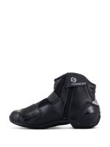 Alpinestars SMX-1 R V2 Vented Boots, Black, low-cut performance motorcycle footwear, side profile view showing perforated microfiber upper, TPU protectors, and side zipper closure.