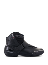 Alpinestars SMX-1 R V2 Vented Boots, low-cut black motorcycle shoes, side profile featuring perforated microfiber panels, TPU heel protection and toe slider, Velcro strap closure, sport road riding footwear