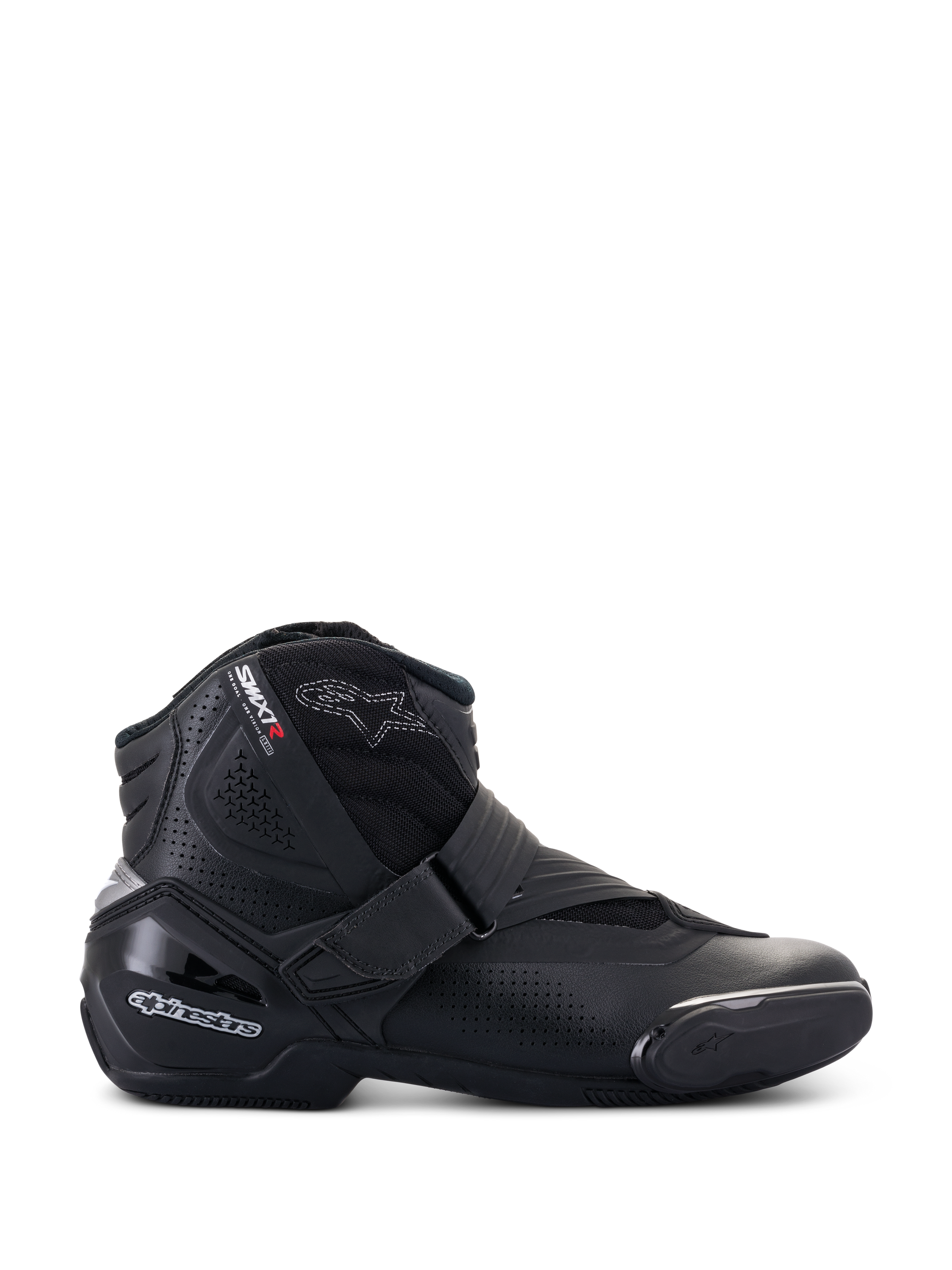 Alpinestars SMX-1 R V2 Vented Boots, low-cut black motorcycle shoes, side profile featuring perforated microfiber panels, TPU heel protection and toe slider, Velcro strap closure, sport road riding footwear