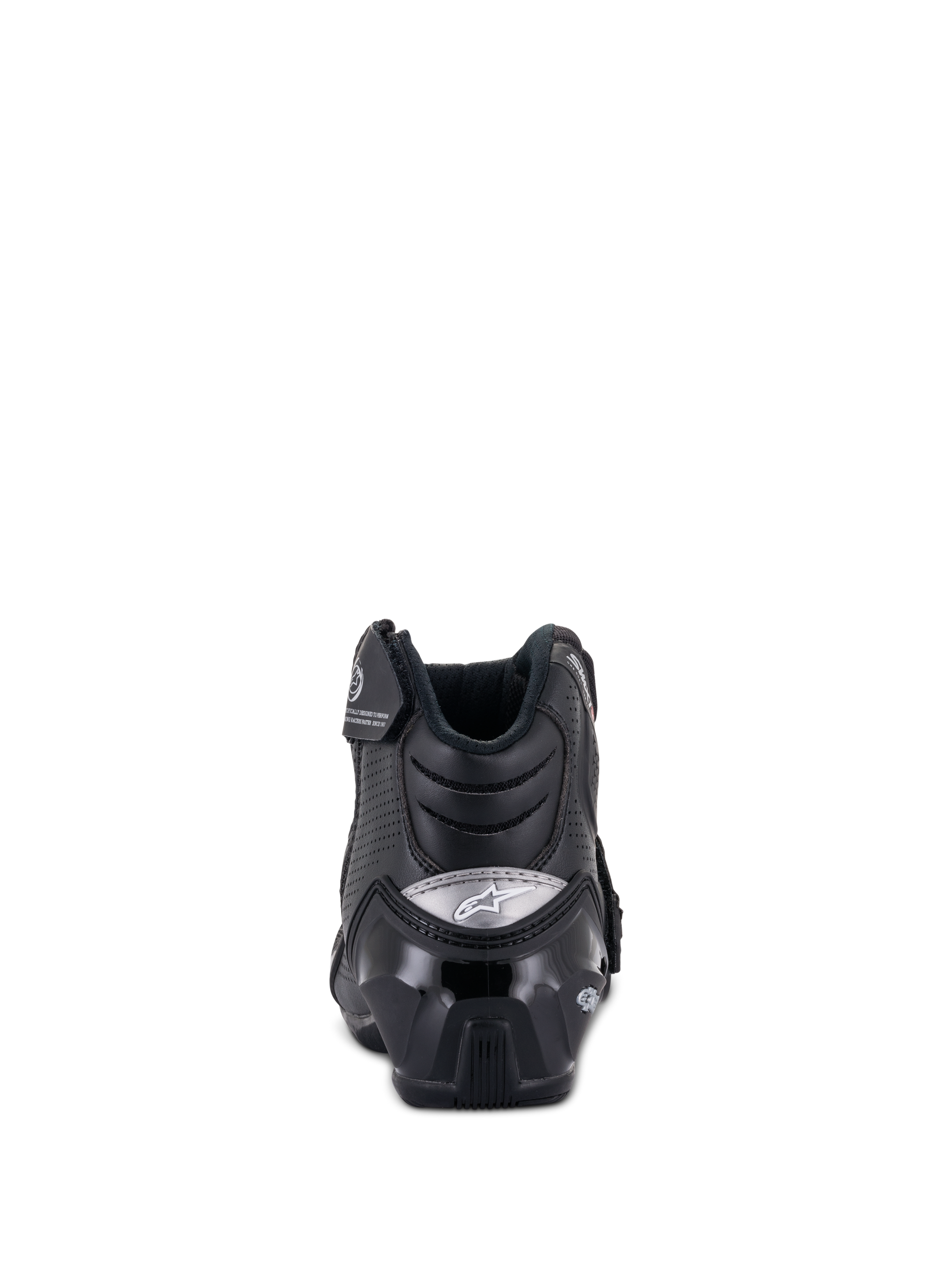 Alpinestars SMX-1 R V2 Vented Boots, Low-cut motorcycle riding shoe, Black, Rear view featuring glossy TPU heel protector with silver logo, perforated microfiber for ventilation, and ergonomic design for sport riding