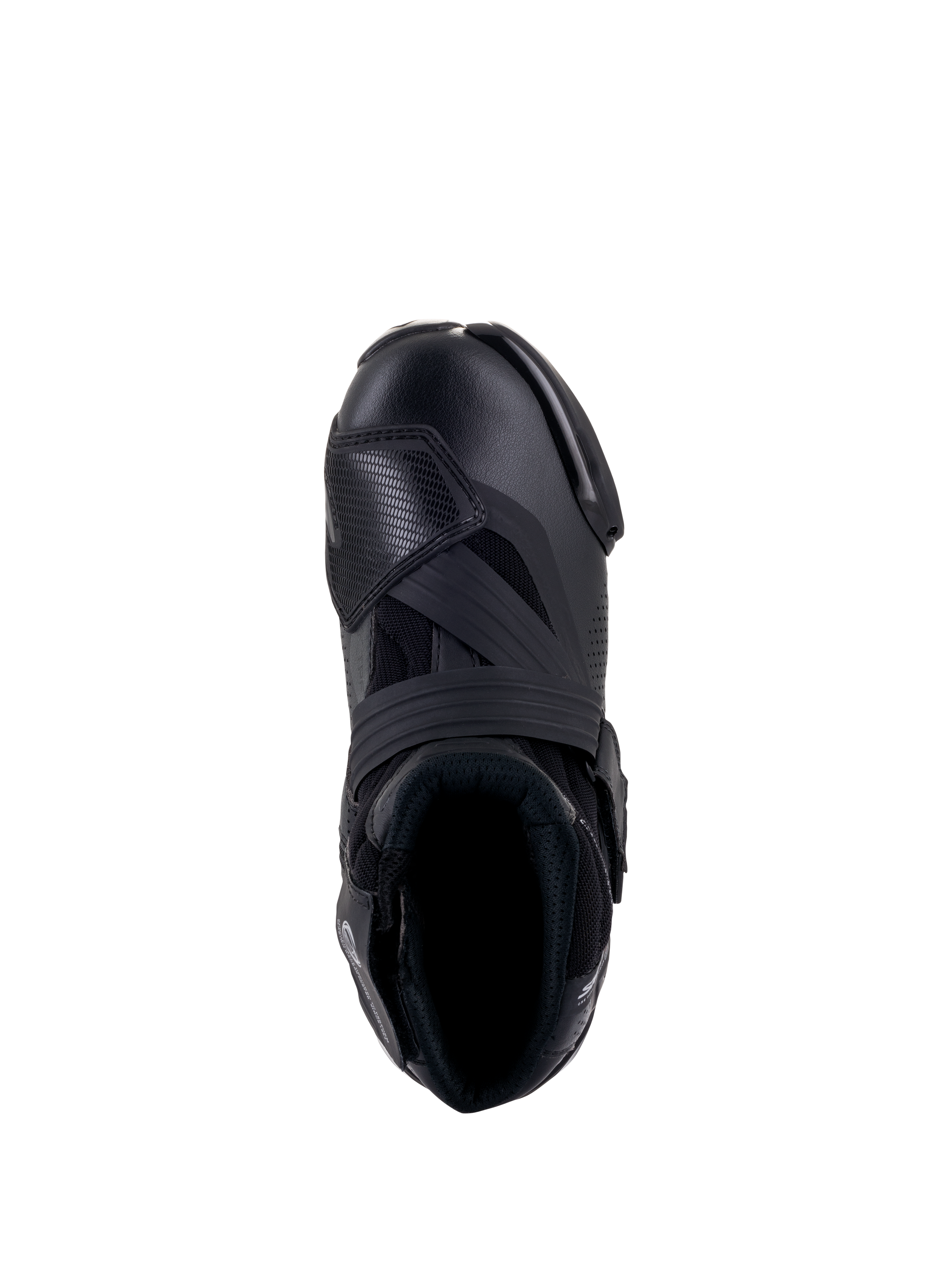 Alpinestars SMX-1 R V2 Vented Boots, Black, top-down view showing the ventilated microfiber upper, TPU shift pad, and ergonomic collar for performance riding.