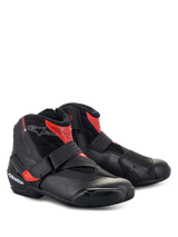 Alpinestars SMX-1 R V2 Vented Boots, low-cut motorcycle riding shoes, Black and Red, featuring perforated microfiber for airflow, TPU protection, and strap closure for sport road riding.