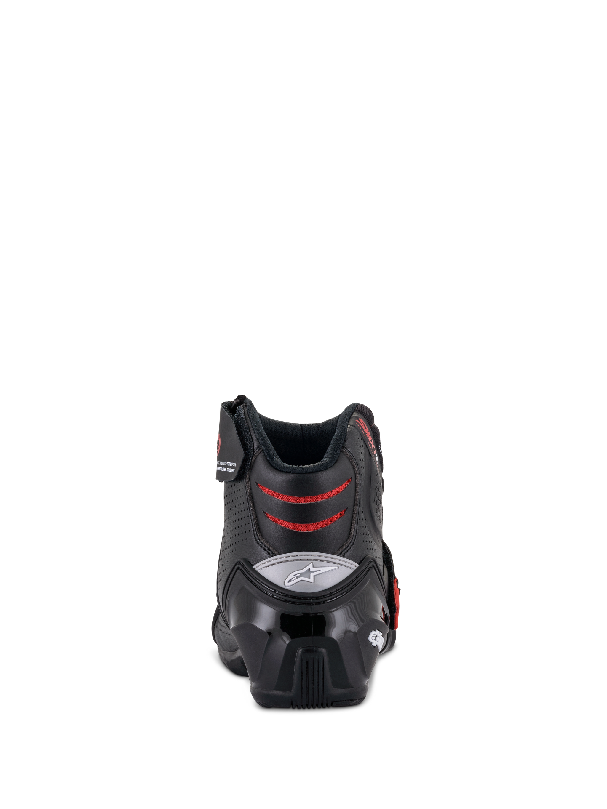 Alpinestars SMX-1 R V2 Vented Boots, low-cut motorcycle riding boots, Black and Red, rear view showing the TPU heel counter and red mesh flex zones, performance footwear for road and sport riding
