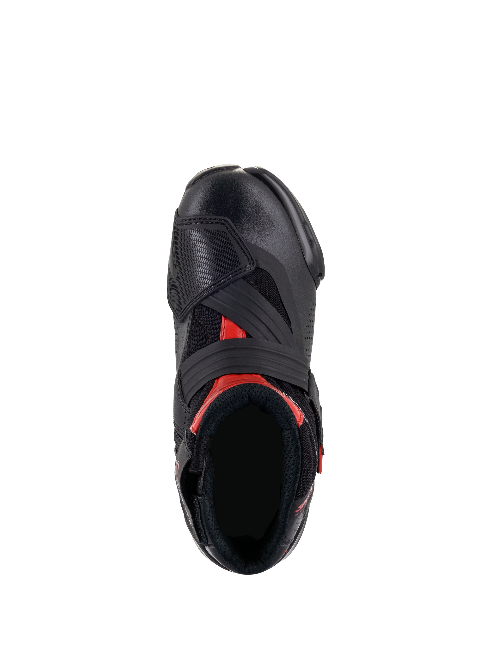 Alpinestars SMX-1 R V2 Vented Boots, Black and Red, top-down view showing the foot opening and upper construction, featuring perforated microfiber, red accents, and a wide Velcro instep strap.