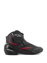 Alpinestars SMX-1 R V2 Boots, low-cut motorcycle performance riding boots, black with red and white accents, featuring a secure Velcro strap closure, reinforced TPU heel counter and ankle protection, accordion flex zones, and a textured rubber sole for sport road riding.