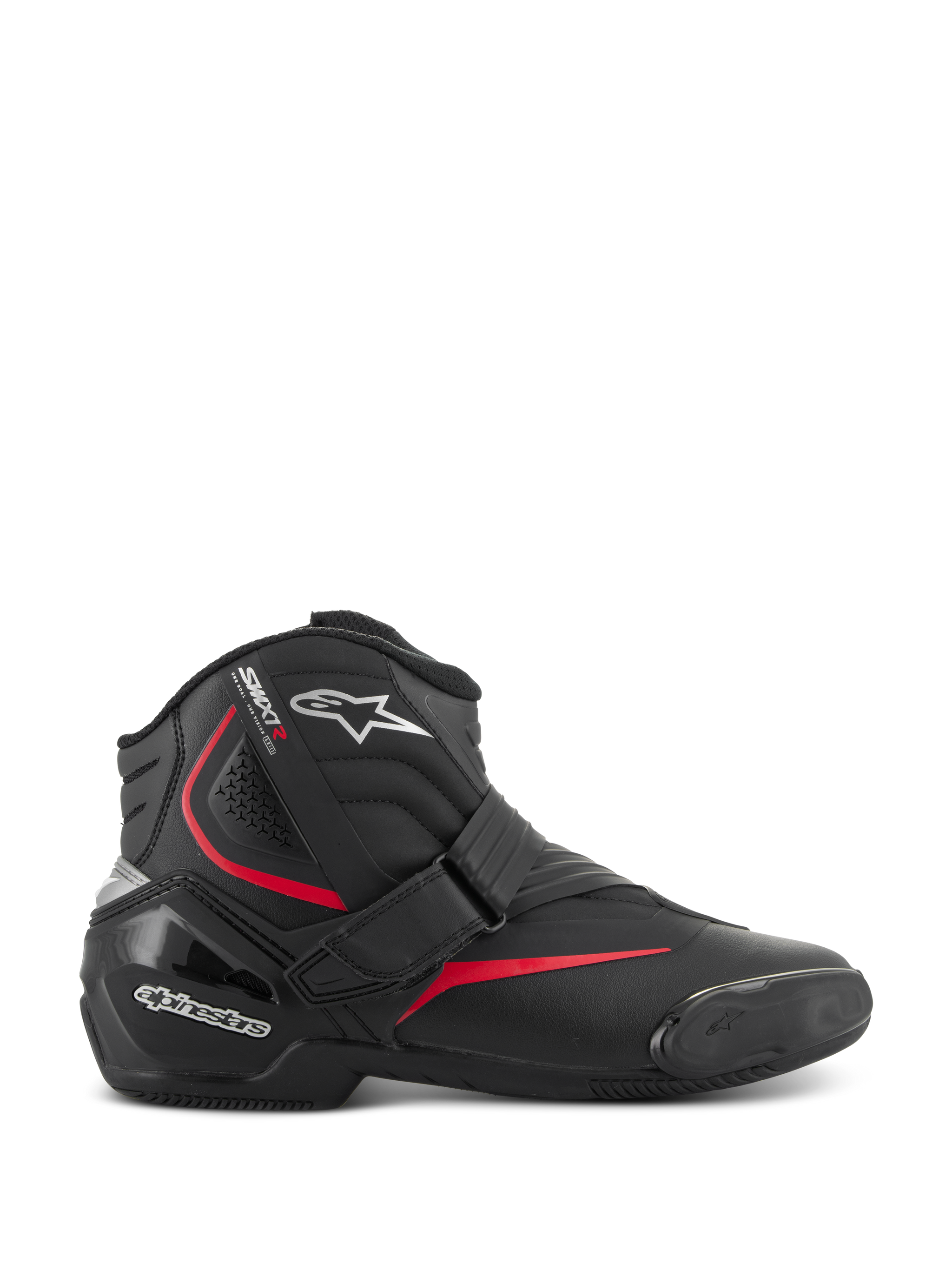 Alpinestars SMX-1 R V2 Boots, low-cut motorcycle performance riding boots, black with red and white accents, featuring a secure Velcro strap closure, reinforced TPU heel counter and ankle protection, accordion flex zones, and a textured rubber sole for sport road riding.