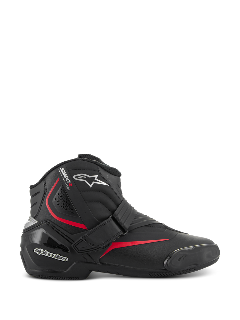 Alpinestars SMX-1 R V2 Boots, low-cut motorcycle performance riding boots, black with red and white accents, featuring a secure Velcro strap closure, reinforced TPU heel counter and ankle protection, accordion flex zones, and a textured rubber sole for sport road riding.