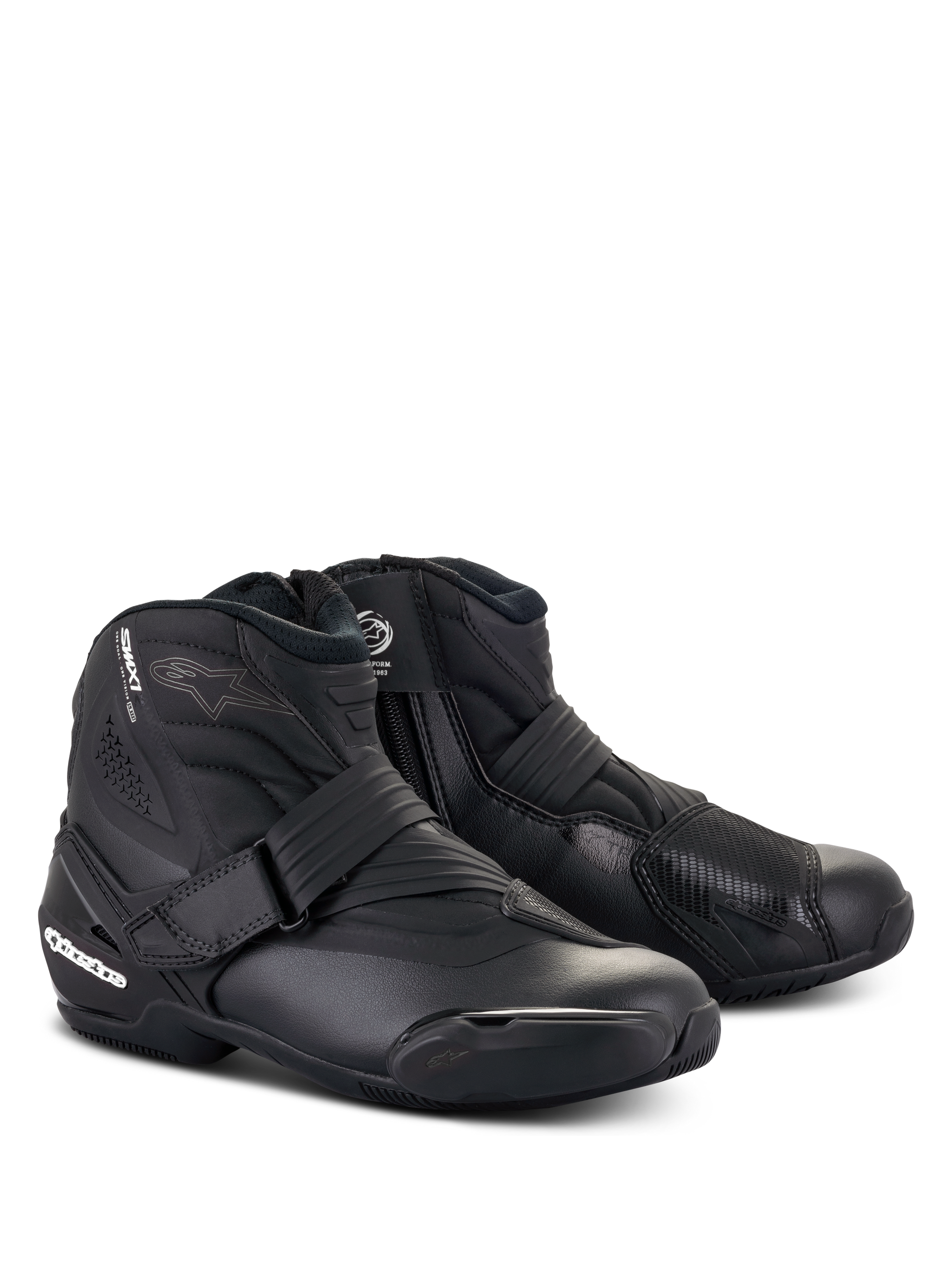 Alpinestars Stella SMX-1 R V2 Boots, Women's low-cut motorcycle riding shoes, Black, featuring a microfiber upper, TPU heel counter and shift pad, strap closure, and sporty aerodynamic profile.