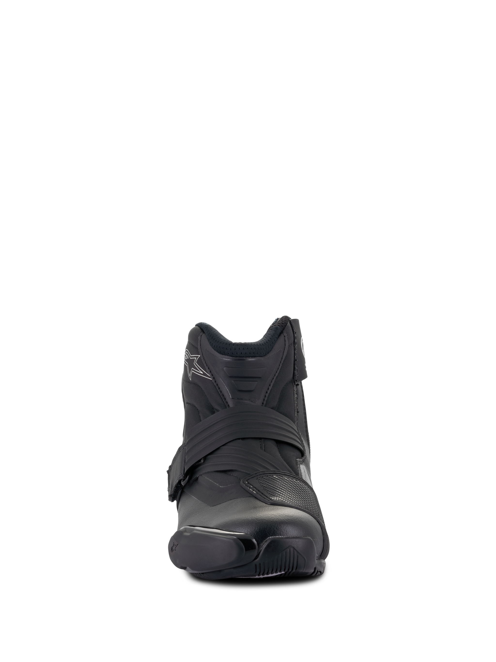 Alpinestars Women Stella SMX-1 R V2 Boots, low-cut performance motorcycle boot, Black, front-facing view, featuring microfiber upper, TPU shift pad, and ergonomic closure strap, sport-inspired design