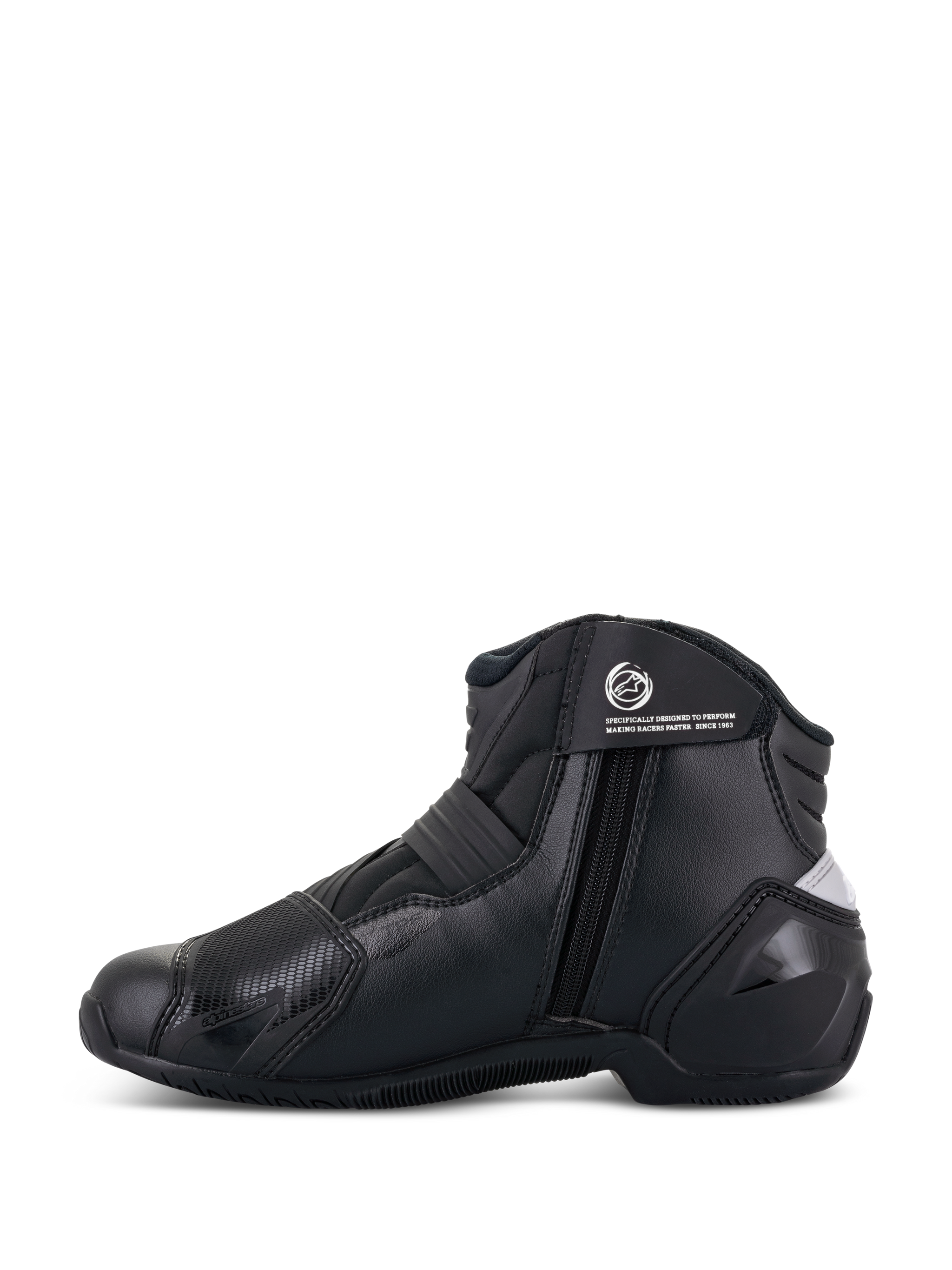 Alpinestars Women Stella SMX-1 R V2 Boots, Black, low-cut performance motorcycle riding boot, side profile view showing zipper closure, ankle strap with logo, and microfiber construction with TPU heel counter