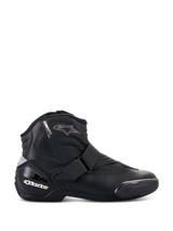 Alpinestars Stella SMX-1 R V2 Boots, Women's Low-Cut Motorcycle Riding Shoe, Black, side profile view featuring microfiber construction, adjustable strap closure, reinforced TPU heel counter with white branding, star logo accent, and durable rubber sole.