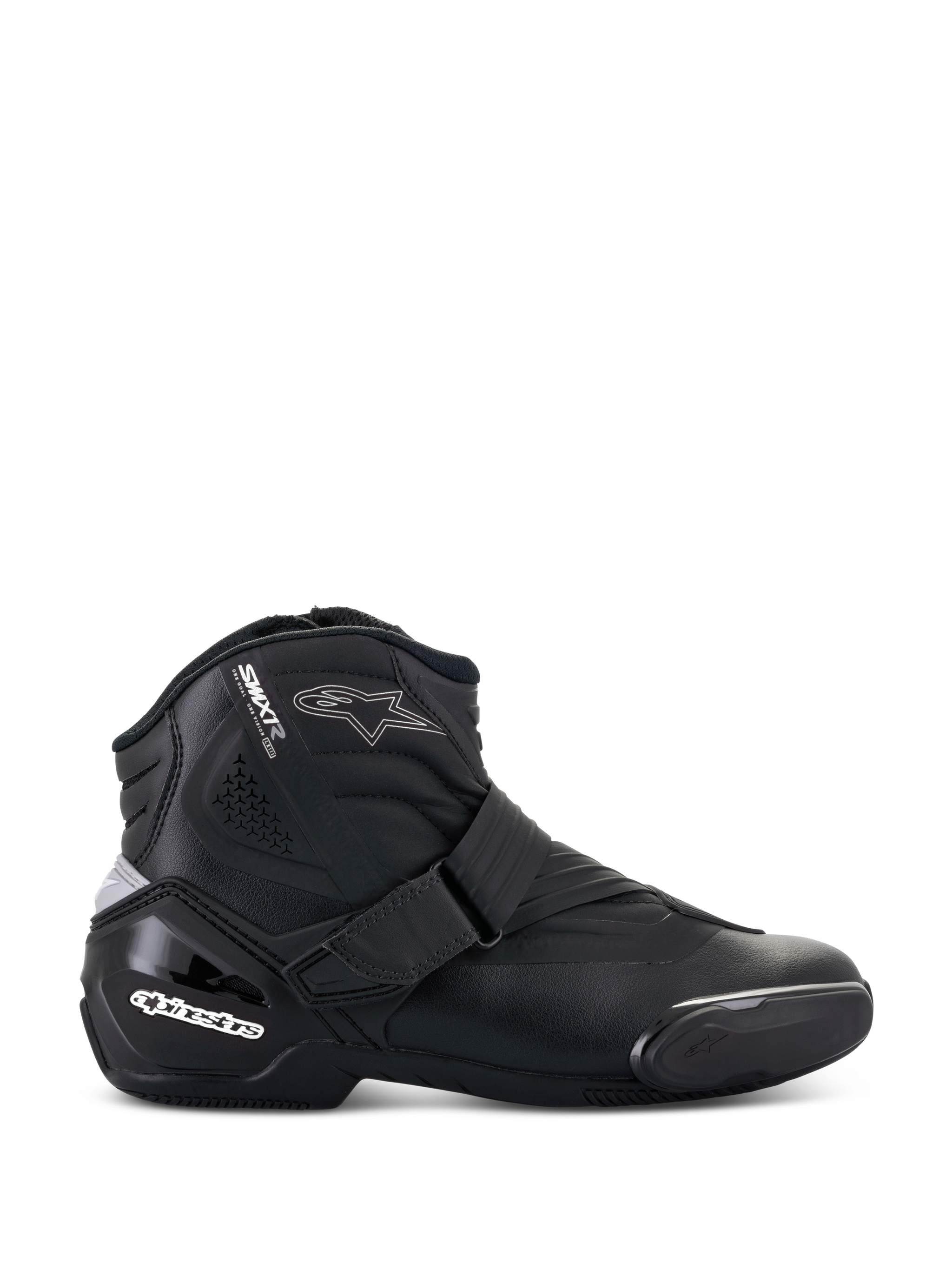 Alpinestars Stella SMX-1 R V2 Boots, Women's Low-Cut Motorcycle Riding Shoe, Black, side profile view featuring microfiber construction, adjustable strap closure, reinforced TPU heel counter with white branding, star logo accent, and durable rubber sole.