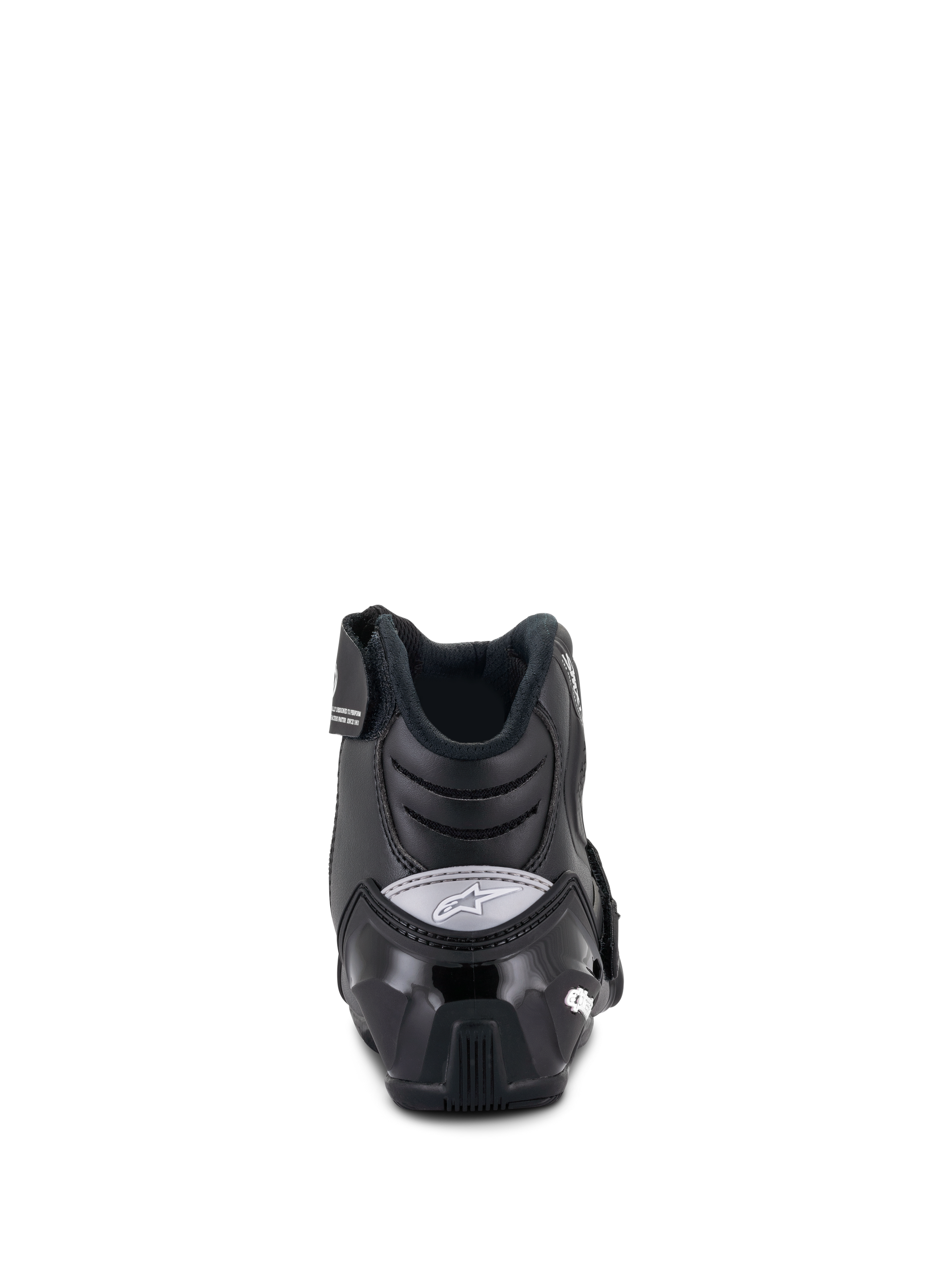 Alpinestars Women Stella SMX-1 R V2 Boots, low-cut motorcycle boots, Black, rear view showing reinforced TPU heel counter and grey Alpinestars logo, performance riding footwear