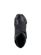 Alpinestars Women Stella SMX-1 R V2 Boots, low-cut performance motorcycle riding shoe in Black, top-down view showing the foot opening, instep strap, and textured TPU shift pad, sleek microfiber construction