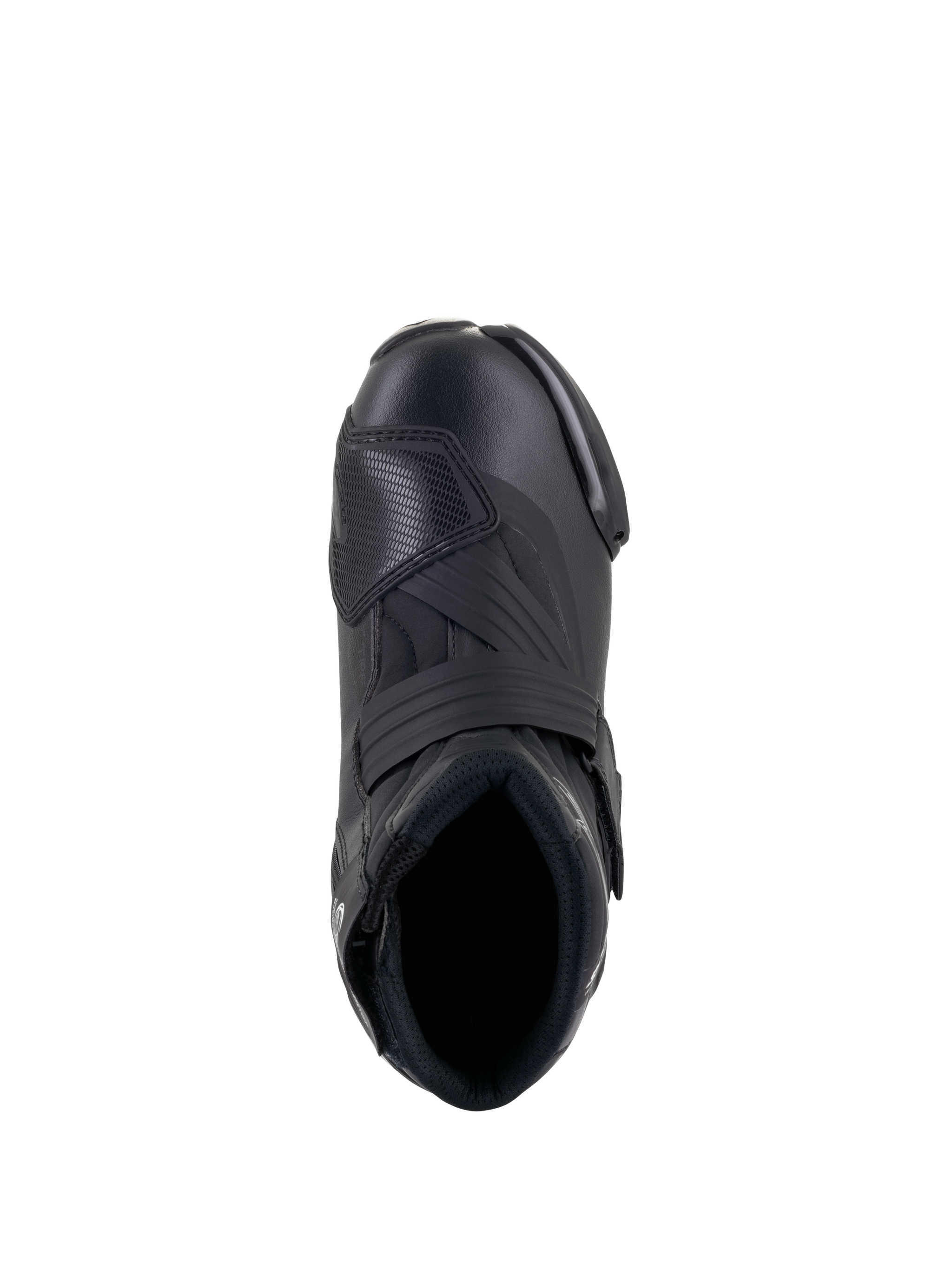 Alpinestars Women Stella SMX-1 R V2 Boots, low-cut performance motorcycle riding shoe in Black, top-down view showing the foot opening, instep strap, and textured TPU shift pad, sleek microfiber construction