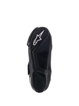 Alpinestars Women Stella SMX-1 R V2 Boots, Black, underside view of the rubber compound sole, featuring a high-grip pattern and a white Alpinestars star logo, performance motorcycle footwear