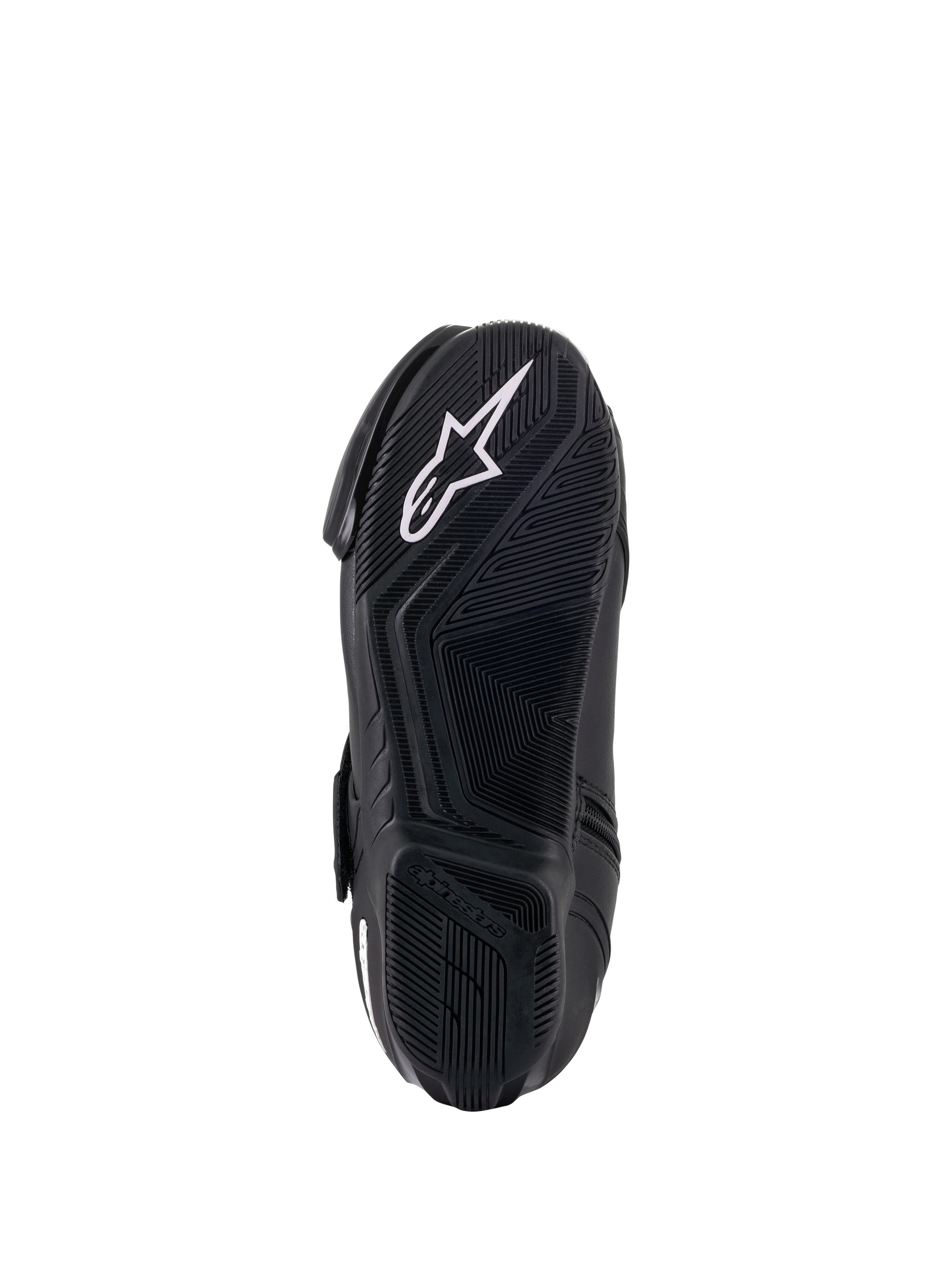Alpinestars Women Stella SMX-1 R V2 Boots, Black, underside view of the rubber compound sole, featuring a high-grip pattern and a white Alpinestars star logo, performance motorcycle footwear