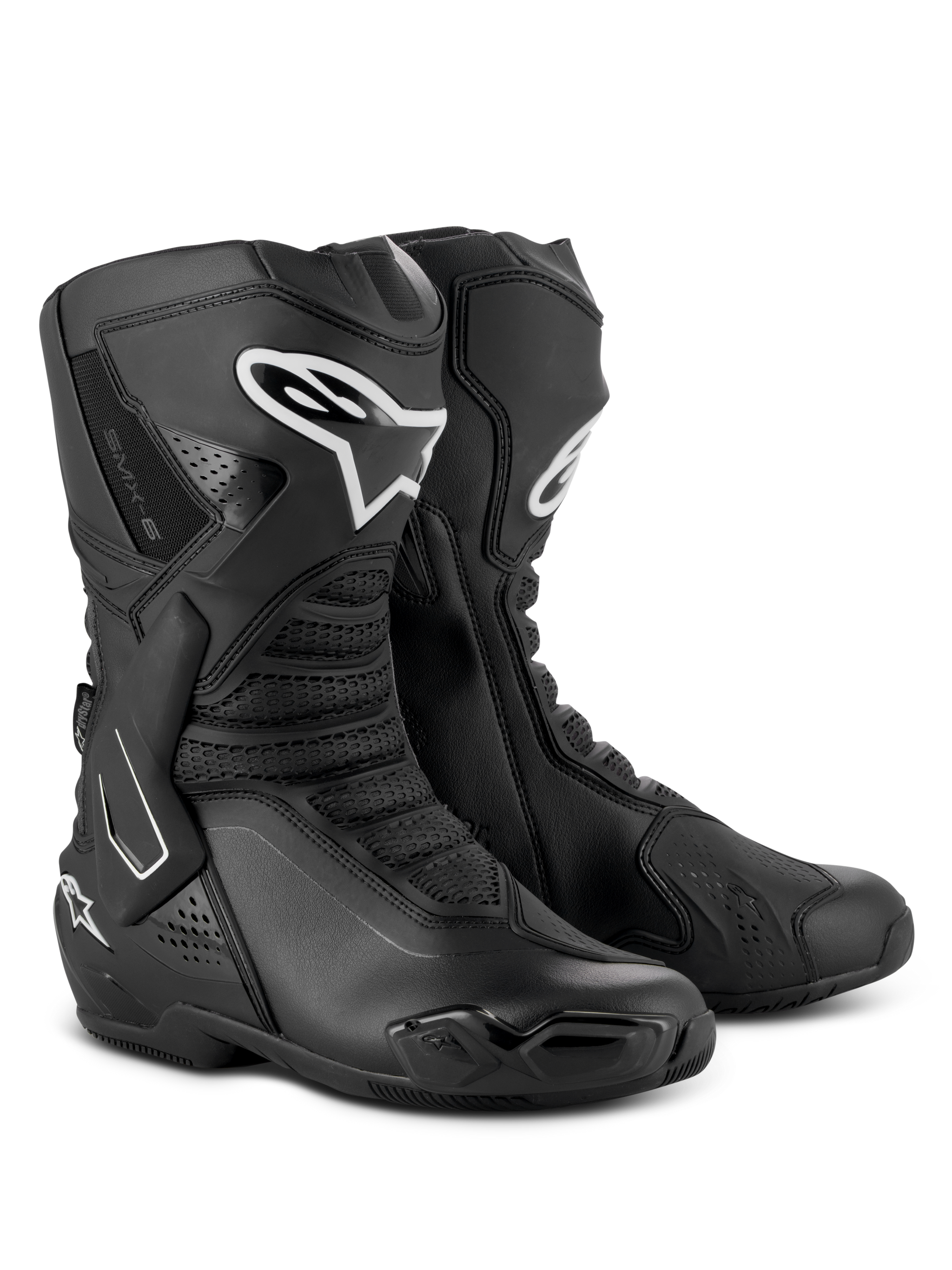 Alpinestars SMX-6 V3 Drystar® Boots, Performance Motorcycle Boots, Black, featuring TPU shin protectors with white Alpinestars logo, replaceable toe sliders, and advanced microfiber construction, sport and street riding gear