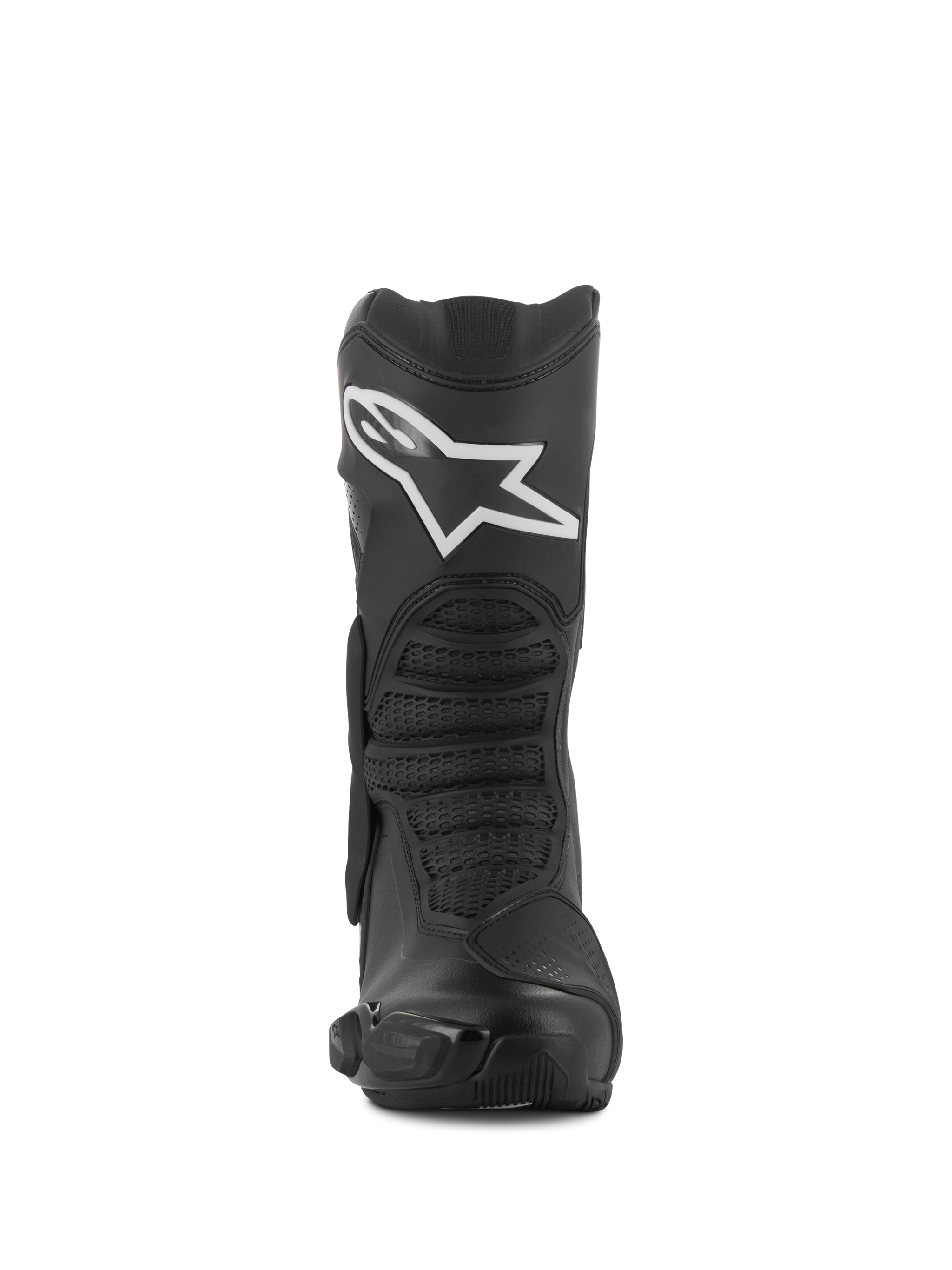 Alpinestars SMX-6 V3 Drystar® Boots, Black, Front View, Sport and Performance Riding Boots featuring white Alpinestars logo on the shin, TPU protectors, and textured flex zones