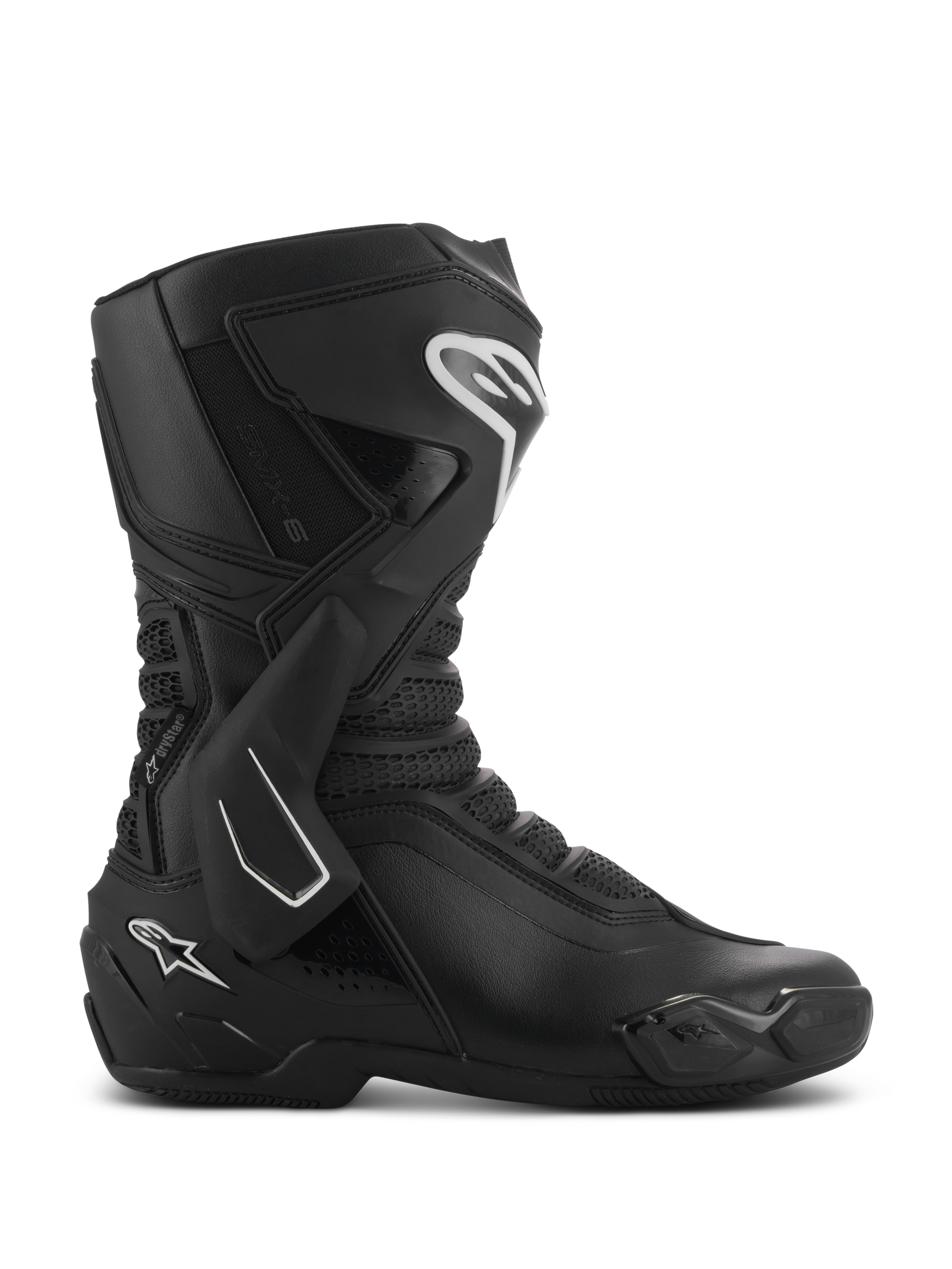Alpinestars SMX-6 V3 Drystar Boots, Black performance motorcycle riding boots shown from a side profile, featuring white logo accents, TPU lateral ankle brace, reinforced shin plate, and flexible mesh panels.