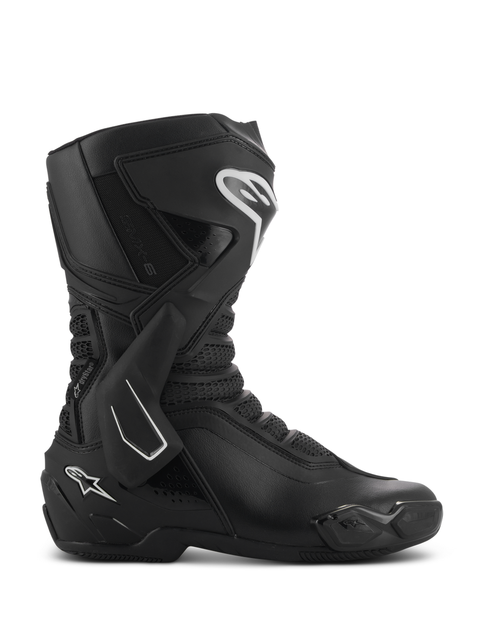 Alpinestars SMX-6 V3 Drystar Boots, Black performance motorcycle riding boots shown from a side profile, featuring white logo accents, TPU lateral ankle brace, reinforced shin plate, and flexible mesh panels.