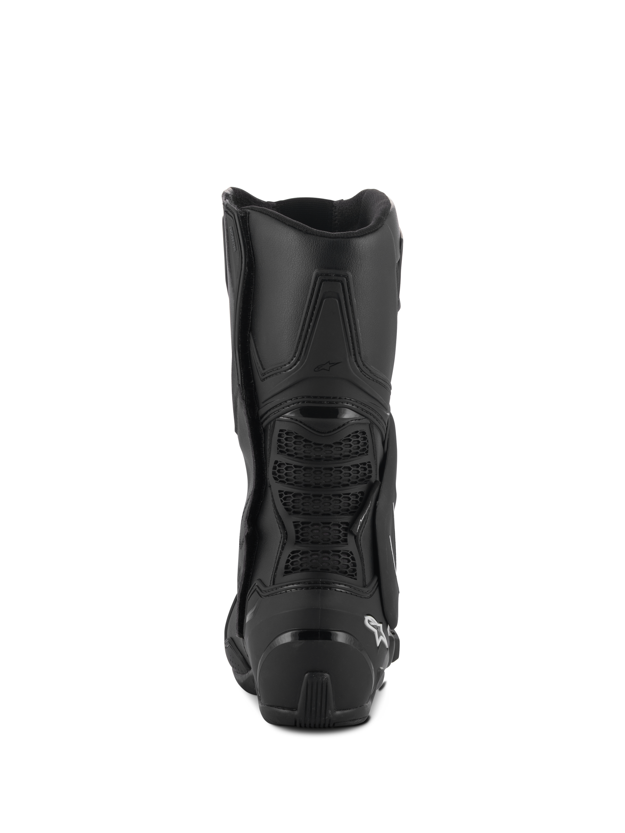 Alpinestars SMX-6 V3 Drystar® Boots, Performance Riding Boots, Black, rear view featuring TPU heel protector and back calf bridge with mesh detail, white logo on heel