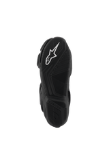Alpinestars SMX-6 V3 Drystar® Boots, black rubber sole view, featuring a white A-star logo on the front tread and embossed Alpinestars branding on the heel, intricate textured pattern for grip and performance