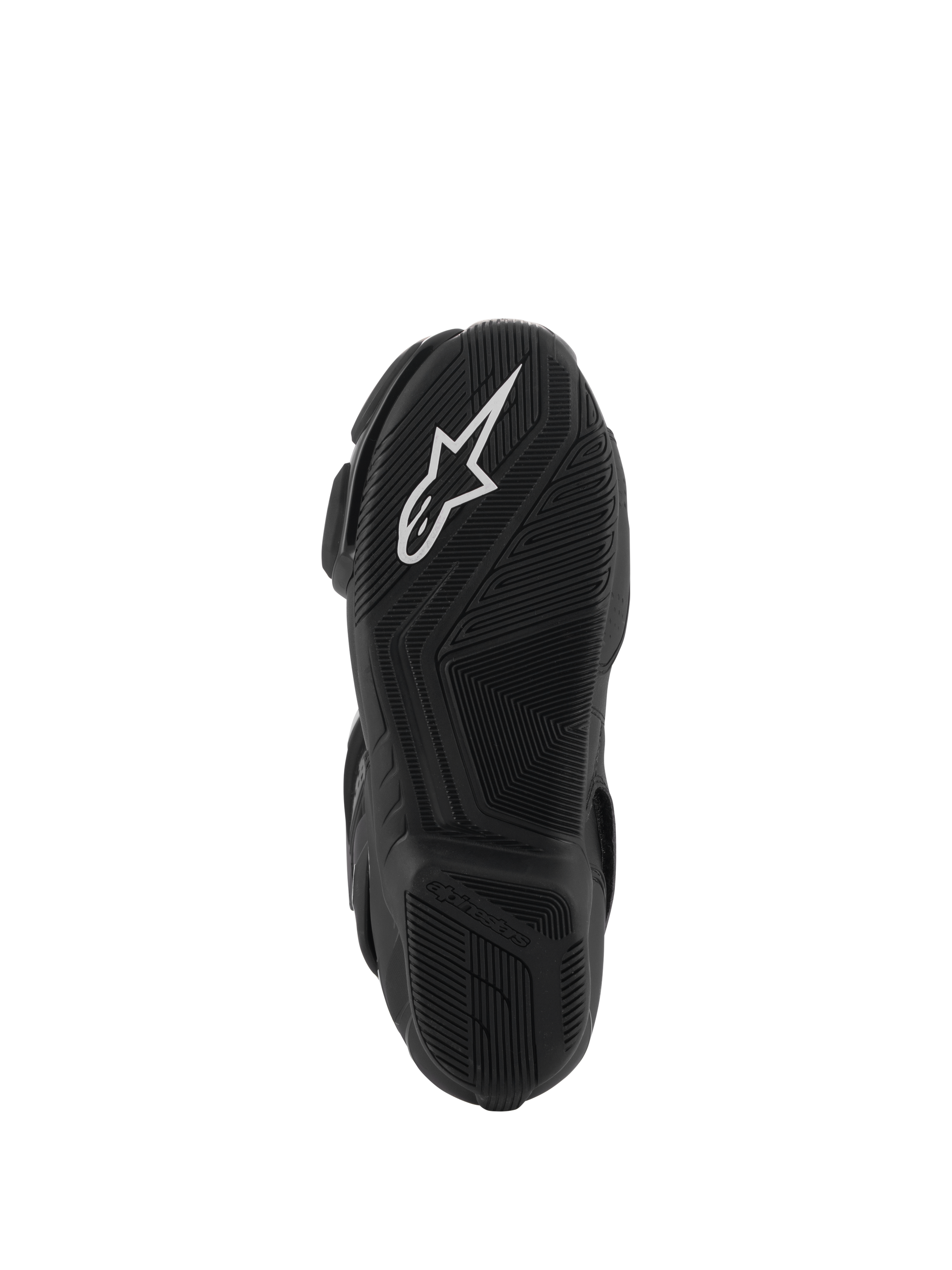 Alpinestars SMX-6 V3 Drystar® Boots, black rubber sole view, featuring a white A-star logo on the front tread and embossed Alpinestars branding on the heel, intricate textured pattern for grip and performance
