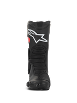 Alpinestars SMX-6 V3 Drystar® Boots, Performance Motorcycle Riding Boots, Black and Red, front view featuring large white logo on the shin, textured front flex zones, and sleek protective design