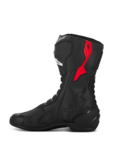 Alpinestars SMX-6 V3 Drystar Boots, performance motorcycle boots, Black and Red, featuring a red TPU upper calf protector, embossed Drystar branding, and sleek microfiber construction, side profile view