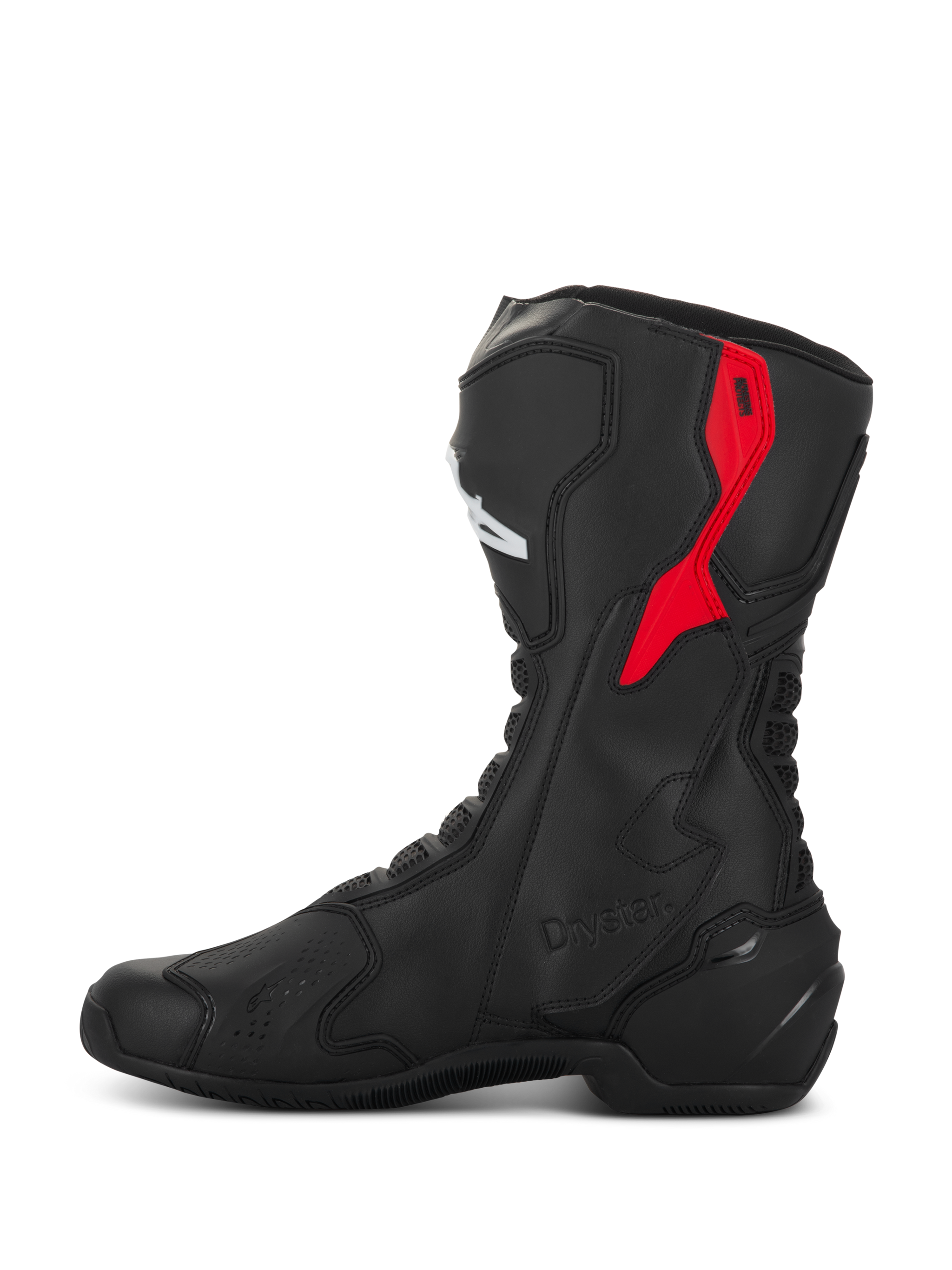 Alpinestars SMX-6 V3 Drystar Boots, performance motorcycle boots, Black and Red, featuring a red TPU upper calf protector, embossed Drystar branding, and sleek microfiber construction, side profile view
